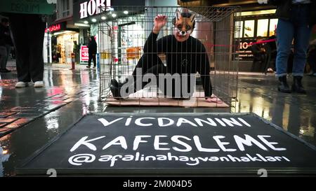 Izmir, Turquie, Turquie. 2nd décembre 2022. Afalina, un groupe de défense des droits des animaux végétaliens, qui s'est réuni pour être une voix pour la liberté des animaux en captivité, a protesté contre l'esclavage des animaux avec la performance de la cage et a répondu aux questions de la foule curieuse sur le mode de vie des légumes. (Credit image: © Dil Toffolo/Pacific Press via ZUMA Press Wire) Banque D'Images