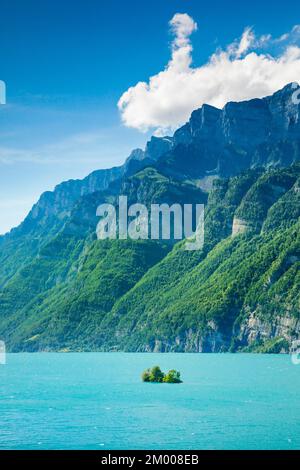 Vue ensoleillée sur le lac Walen avec la petite île de ciboulette dans l'eau turquoise et la chaîne de montagnes Schären et Leistchamm en arrière-plan, Canton St. Banque D'Images