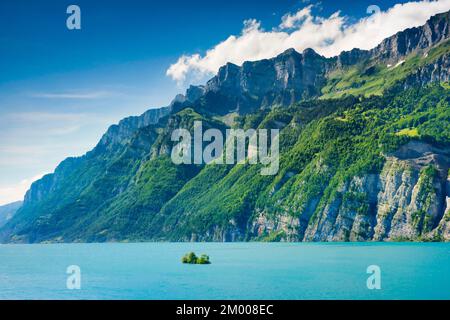 Vue ensoleillée sur le lac Walen avec la petite île de ciboulette dans l'eau turquoise et la chaîne de montagnes Schären et Leistchamm en arrière-plan, Canton St. Banque D'Images