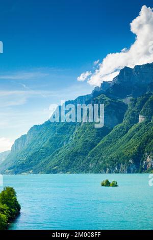 Vue ensoleillée sur le lac Walen avec la petite île de ciboulette dans l'eau turquoise et la chaîne de montagnes Schären et Leistchamm en arrière-plan, Canton St. Banque D'Images