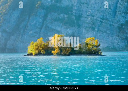 Petite île de ciboulette dans les eaux turquoise du lac Walen, canton St. Gallen, Suisse, Europe Banque D'Images