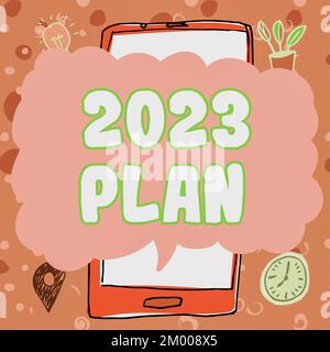 Affiche textuelle indiquant le plan 2023. Mot pour établir vos objectifs et plans pour l'année en cours ou en 2023 Banque D'Images