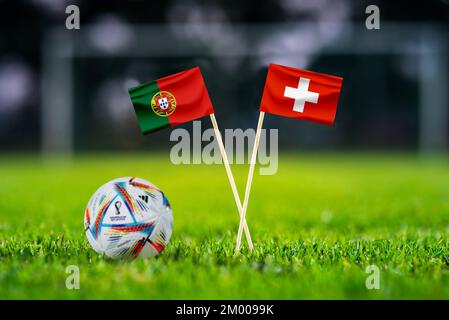 QATAR, DOHA, DÉCEMBRE 2. 2022: Portugal - Suisse Round du match de football 16. Balle officielle de la coupe du monde de la Fifa Qatar 2022 sur herbe verte. St. Football Banque D'Images