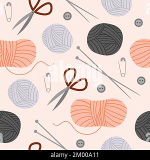 Motif sans couture avec aiguilles à tricoter et boules de fil. Informations de base sur les matériaux artisanaux. Illustration de Vecteur