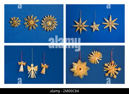 Quatre photos de petite décoration de noël en paille sur fond de mur bleu. (3 étoiles, 3 flocons de neige, 3 anges et 3 coeurs) Banque D'Images