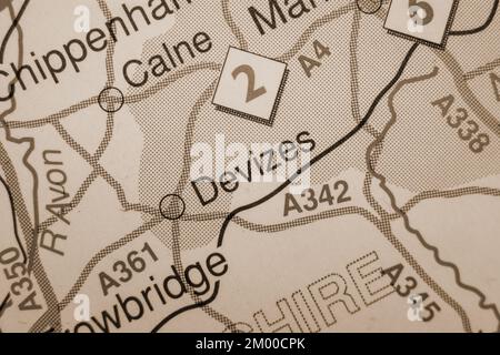 Devizes, Royaume-Uni carte de l'atlas nom de ville - sépia Banque D'Images