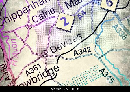 Devizes, Royaume-Uni carte de l'atlas nom de la ville - effet aquarelle Banque D'Images