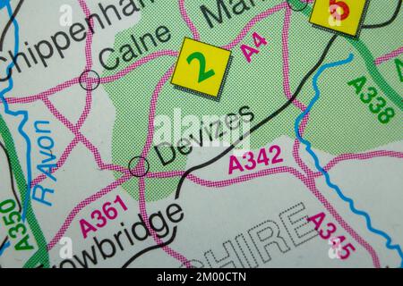 Devizes, Royaume-Uni atlas carte nom de ville Banque D'Images