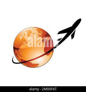 Illustration d'un avion volant autour d'un globe brillant orange isolé sur un fond blanc Illustration de Vecteur