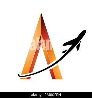 Illustration d'un avion noir volant autour d'un Orange Embossed lettre A isolé sur un fond blanc Illustration de Vecteur