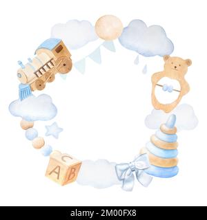 Couronne à cadre rond de jouets pour enfants aux couleurs bleu et beige, illustration aquarelle Banque D'Images