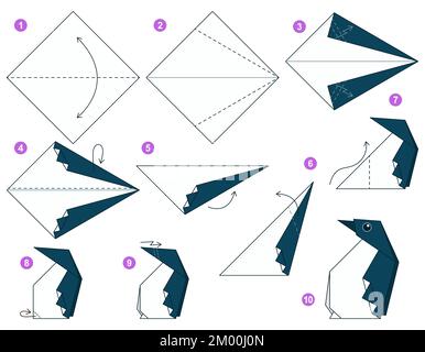 Tutoriel Origami pour les enfants. Origami joli pingouin. Illustration de Vecteur