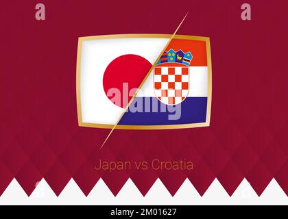 Japon contre Croatie, tour de 16 icône de la compétition de football sur fond bordeaux. Icône vecteur. Illustration de Vecteur