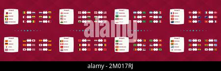 Tous les groupes et les matches dans le groupe de tournoi international de football, équipe nationale de football programme des matches pour la compétition 2022. Modèle vectoriel. Illustration de Vecteur
