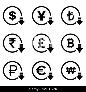 Réduction des coûts - icône de diminution du dollar en euros. Image de symbole vectoriel isolée sur fond . Illustration de Vecteur