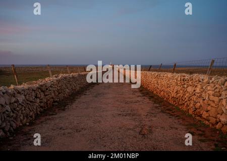 Mur en pierre sèche sur la route du phare de Punta Nati au coucher du soleil sur l'île des Baléares de Minorque, Espagne. Banque D'Images