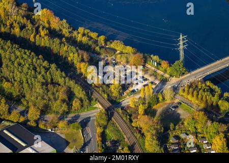 Vue aérienne, Hengsteysee, lieu de rencontre des motards au pont de Ruhr, Boele, Hagen, région de la Ruhr, Rhénanie-du-Nord-Westphalie, Allemagne, Biker, réunion des Bikers, DE, EUR Banque D'Images