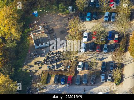 Vue aérienne, Hengsteysee, lieu de rencontre des motards au pont de Ruhr, Boele, Hagen, région de la Ruhr, Rhénanie-du-Nord-Westphalie, Allemagne, Biker, réunion des Bikers, DE, EUR Banque D'Images