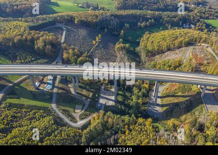 Vue aérienne, chantier pont inspection pont vallée pont Brunsbecke de l'autoroute A45, Dahl, Hagen, région de la Ruhr, Rhénanie-du-Nord-Westphalie, Allemagne, Fre Banque D'Images