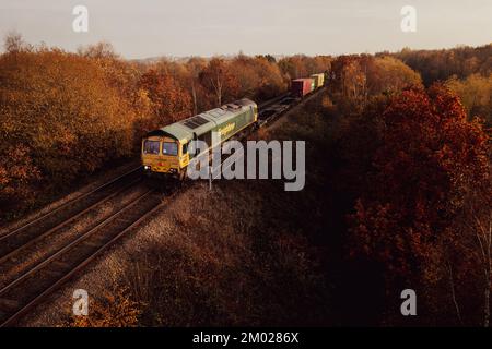 WAKEFIELD, ROYAUME-UNI - 2 DÉCEMBRE 2022. Un train de marchandises de classe 66 pour locomotives Freightliner au Royaume-Uni transportant des conteneurs d'expédition à travers le bois d'automne Banque D'Images