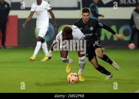 Joueurs d'Anderlecht photographiés en action lors d'un match de football amical entre RSC Anderlecht et Greek OFI Crete F.C., samedi 03 décembre 2022 à Héraklion, Crète, Grèce. BELGA PHOTO STEFANOS RAPANIS Banque D'Images