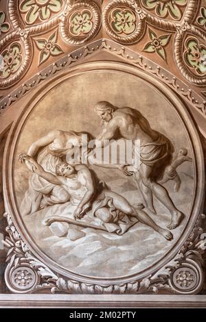 BIELLA, ITALIE - 15 JUILLET 2022 : la fresque de l'assassinat d'Abel dans la cathédrale (Duomo) par Giovannino Galliari (1784). Banque D'Images