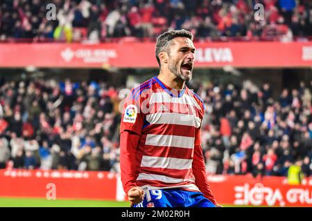 2 décembre 2022: GRENADE, ESPAGNE - DÉCEMBRE 2: Jorge Molina de Grenade CF célébration après avoir fait son premier but du match entre Grenade CF et Deportivo Alaves de la Liga Smartbank sur 2 décembre 2022 à Nuevo Los Carmenes à Grenade, Espagne. (Credit image: © Samuel Carreño/PX Imagens via ZUMA Press Wire) Banque D'Images