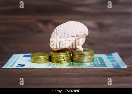 Copie anatomique d'un cerveau humain placé sur des piles de pièces en euros sur une table en bois. Concept de décisions d'investissement sages. Banque D'Images