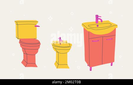 Mobilier de salle de bains. Lavabo, toilettes et bidet. Illustration vectorielle isolée. Illustration de Vecteur