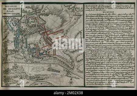 Guerre de sept ans (1756-1763). Carte de la bataille de Bergen (13 avril 1759). Confrontation entre les troupes hanoviennes dirigées par le prince Ferdinand de Brunswick-Lunebourg et l'armée française commandée par le maréchal de Broglie, avec victoire française. Publié en 1765 par le cartographe Jean de Beaurain (1696-1771) comme illustration de sa Grande carte d'Allemagne, avec les événements qui ont eu lieu pendant la guerre de sept ans. Armée alliée en rouge et armée française en bleu. Gravure. Édition française, 1765. Bibliothèque historique militaire de Barcelone (Biblioteca Histórico Militar de Barcelone). Catalogne. Espagne. Banque D'Images