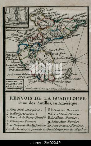 Carte de la Guadeloupe, 1759. Archipel des Antilles, Mer des Caraïbes. La France a pris possession de l'île le 28 juin 1635, après l'atterrissage à Pointe Allegre. Pendant la guerre de sept ans, a été conquise par l'Angleterre, créant le port de Pointe-a-Pitre. Prise de l'île de la Guadeloupe par les troupes britanniques sur 13 avril 1759. Gravure publiée en 1765 par le cartographe Jean de Beaurain (1696-1771) comme illustration de sa Grande carte d'Allemagne, avec les événements qui ont eu lieu pendant la guerre de sept ans. Édition française, 1765. Bibliothèque historique militaire de Barcelone (Biblioteca Histórico Militar de Bar Banque D'Images