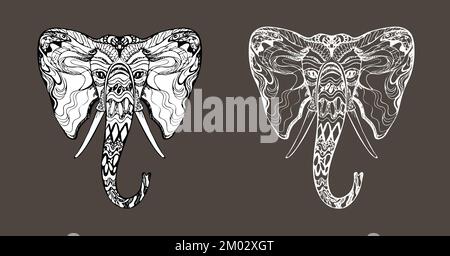 Élégant tattoo hippie zentangle orné tête d'éléphant, Gane Illustration de Vecteur