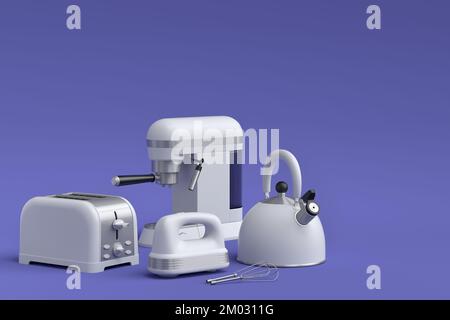 Machine à café expresso, mixeur plongeant, bouilloire et grille-pain pour préparer le petit déjeuner sur fond violet. 3d rendu de la cafetière pour préparer du café latte Banque D'Images