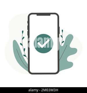 Illustration de smartphone et de vecteur coche, notification de coche approuvée de téléphone portable plat, idée de mise à jour réussie coche, acceptée, complète Illustration de Vecteur