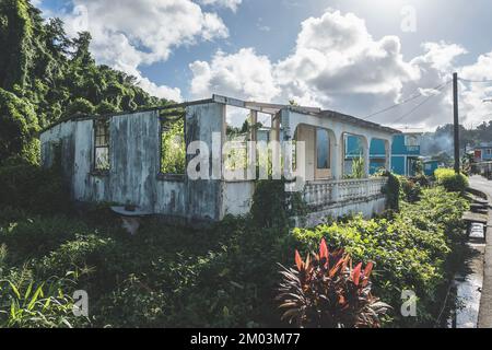 Bâtiment détruit et détruit avec des plantes surcultivées autour. Cadre, colonnes et mur à gauche d'une vieille maison Banque D'Images