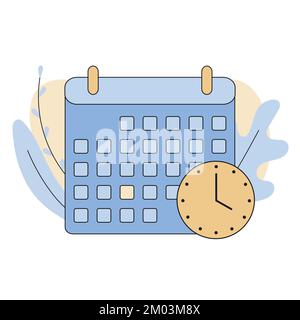 Calendrier avec icône horloge. Concept de nomination de l'organisation, calendrier, date limite, calendrier. Illustration vectorielle, dessin animé plat Illustration de Vecteur