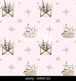 Motif floral aquarelle sans couture avec fleurs et herbes roses séchées, panier, enveloppe et coton sur fond rose clair pour enveloppeurs, papiers peints, f Banque D'Images