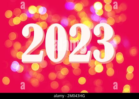 Calendrier 2023. Date du nouvel an 2023 sur le fond de via Magenta avec beau bokeh, 3D, isoler, maquette, copier l'espace. Noël tendance et élégant c Banque D'Images