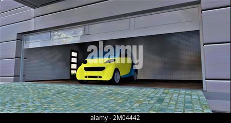 Une petite voiture électrique peinte en jaune et bleu sortant du garage avec une porte en aluminium. 3d rendu. Banque D'Images