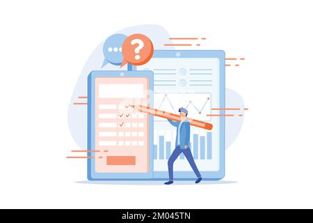 Homme d'affaires remplissant le formulaire d'enquête en ligne sur l'écran du smartphone. Enquête en ligne, formulaire de questionnaire Internet, concept d'outil de recherche marketing. vue plate Illustration de Vecteur