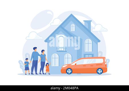 Parents heureux avec enfants et maison individuelle. Concept de maison individuelle unifamiliale, maison familiale, résidence individuelle et logement unique. plat v Illustration de Vecteur
