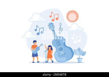 Les enfants heureux aiment chanter et jouer de la guitare au camp d'été, des gens minuscules. Camp musical, jeunes talents musicaux, musique et cours de chant concept. plat v Illustration de Vecteur