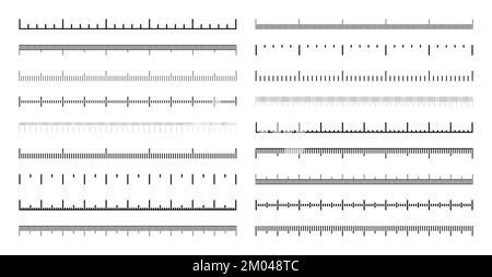 Diverses échelles de mesure avec divisions. Échelle réaliste pour mesurer la longueur ou la hauteur en centimètres, millimètres ou pouces. Règle, mètre à ruban Illustration de Vecteur