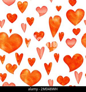 Aquarelle à la main, motif sans couture de coeurs rouges et orange pour la Saint-Valentin. Isolé sur fond blanc. Design pour le papier, l'amour, l'accueil Banque D'Images