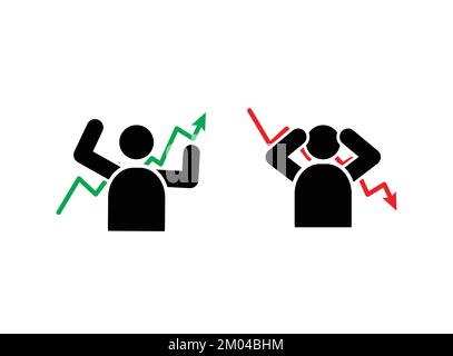 Symbole de vecteur d'icône de caractère de gain et de perte financière. Flèche vers le haut et vers le bas de l'activité financière. Homme perdant de l'argent et homme gagnant de l'argent vecteur. Illustration de Vecteur