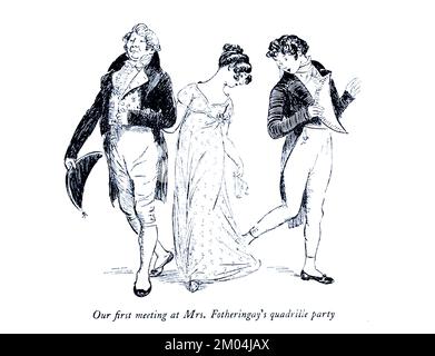 Notre première rencontre à la fête quadrille de Mme Fotheringay de « Quality Street, a comedy in four actes » par James Matthew Barrie, illustré par Hugh Thomson, Date de publication 1913 Éditeur London Hodder & Stoughton Quality Street est une comédie dans quatre actes de J. M. Barrie, Écrit avant son travail plus célèbre Peter Pan. L'histoire est sur deux sœurs qui commencent une école 'pour les enfants de gentEEL'. Banque D'Images