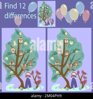 Pour les enfants de moins de 7 ans, trouvez 12 différences dans le puzzle oiseaux sur un arbre Illustration de Vecteur