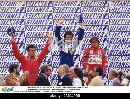 MOTORSPORT - F1 1983 - BELGIQUE GP - SPA FRANCORCHAMPS - PHOTO : DPPI ALAIN PROST (FRA) / RENAULT RE40 - AMBIANCE - PODIUM - VAINQUEUR PATRICK TAMBAY / FERRARI - EDDIE CHEEVER / RENAULT Banque D'Images