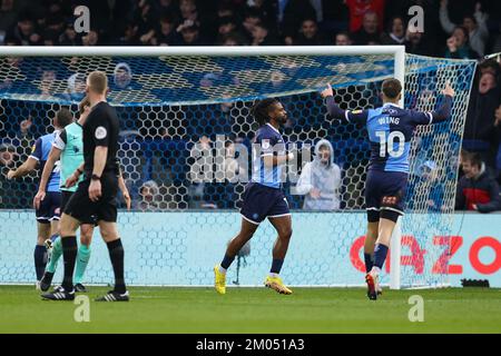 High Wycombe, Royaume-Uni. 04th décembre 2022. Garath McCleary célèbre le deuxième but de son côté lors du match de Sky Bet League 1 Wycombe Wanderers vs Portsmouth à Adams Park, High Wycombe, Royaume-Uni, 4th décembre 2022 (photo de Nick Browning/News Images) à High Wycombe, Royaume-Uni, le 12/4/2022. (Photo de Nick Browning/News Images/Sipa USA) crédit: SIPA USA/Alay Live News Banque D'Images