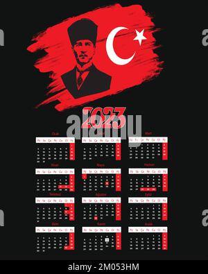 Calendrier vectoriel turc 2023. Calendrier de la Turquie 2023 sur le thème d'Ataturk. Turquie calendrier 2023 année. Illustration de Vecteur